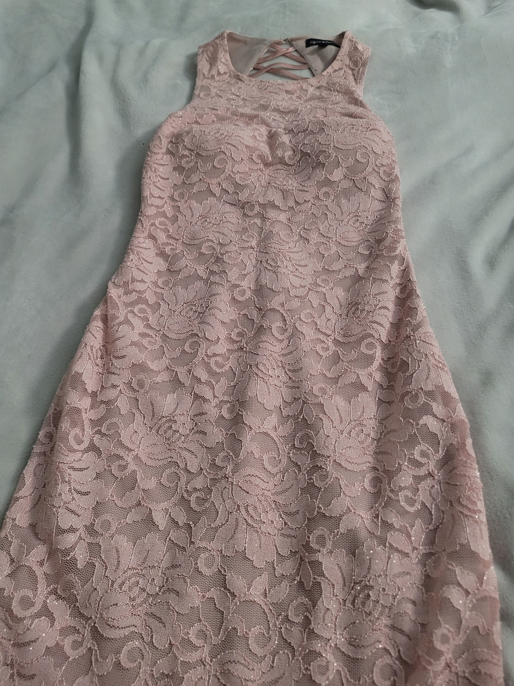 Sequin Hearts Pink Lace Dress Sleeveless Open Crisscross Back Homecoming Size 7